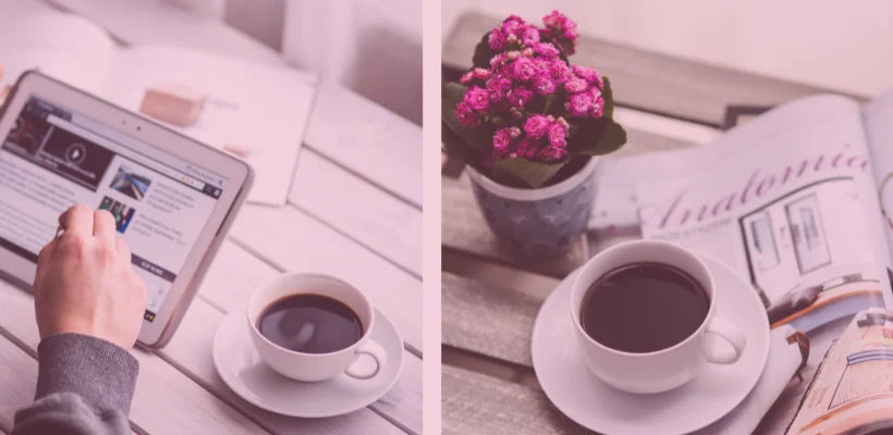 Z lewej na zdjęciu widać tablet z wiadomościami i reklamami, a po prawej na stoliku leży tradycyjna gazeta