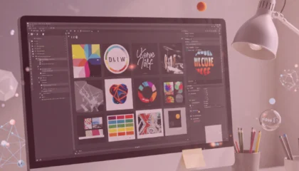 Na stole stoi monitor, na którym widać różne elementy graficzne brandingu