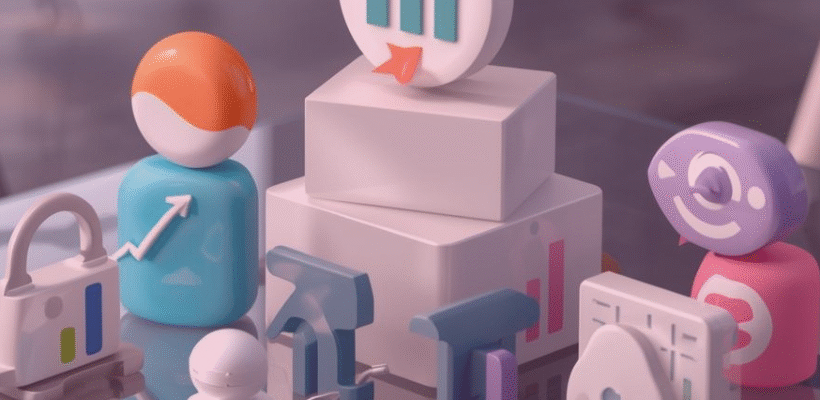 Na przeźroczystym stole leżą figury 3d przedstawiające wykresy i liczby